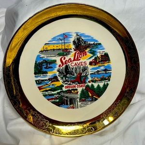 vintage MCM 1960s Oregon Coast decorative plate with 10K gold rim #Americana